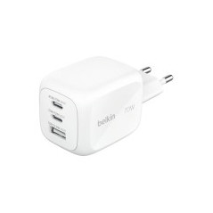 BELKIN Caricatore da Parete GaN 3 Porte 70W Con Adattatori da Viaggio (Bianco)