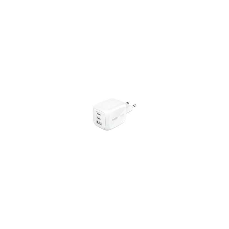 BELKIN Caricatore da Parete GaN 3 Porte 70W Con Adattatori da Viaggio (Bianco)