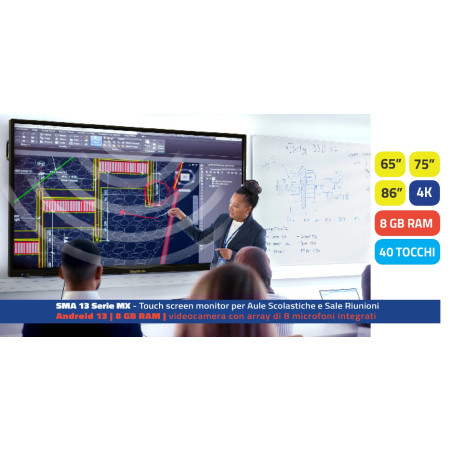Display 75'' interattivo touchscreen Android - SmartMedia serie MX - 4K UHD 16:9 550nits 3ms 60Hz - HDMI+LAN+USB+RJ+WiFi+camera